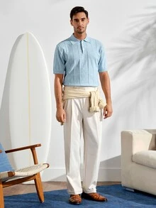 Men's Collared Short Sleeve Knit TopFall Winter - Cadet Blue - View 2