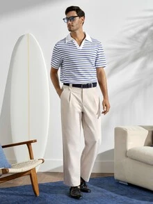VeloEdit Men's Casual Vacation Striped Short Sleeve Polo Shirt, Suitable For Spring And Summer - Blue - View 2