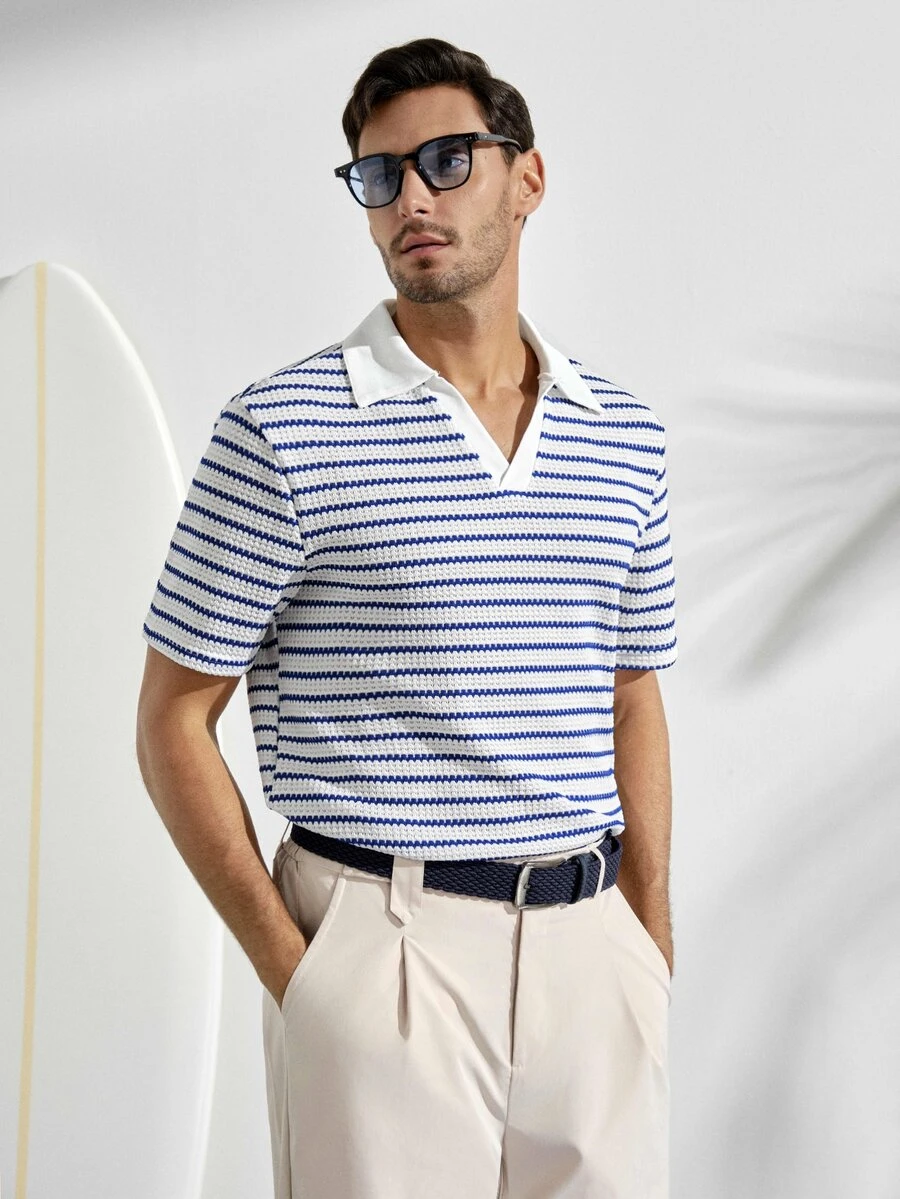 VeloEdit Men's Casual Vacation Striped Short Sleeve Polo Shirt, Suitable For Spring And Summer - Blue - View 1