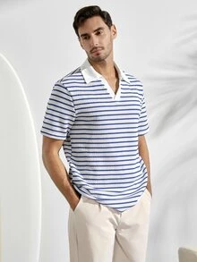 VeloEdit Men's Casual Vacation Striped Short Sleeve Polo Shirt, Suitable For Spring And Summer - Blue - View 5