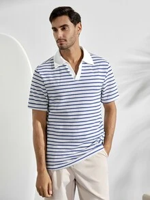 VeloEdit Men's Casual Vacation Striped Short Sleeve Polo Shirt, Suitable For Spring And Summer - Blue - View 4