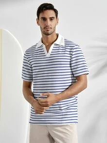 VeloEdit Men's Casual Vacation Striped Short Sleeve Polo Shirt, Suitable For Spring And Summer - Blue - View 6