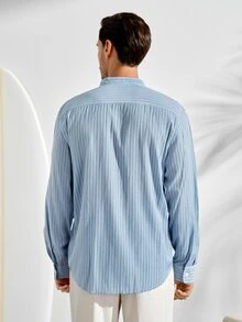 VeloEdit Men's Front Button Stand Collar Striped Print Long Sleeve ShirtFall Winter Old Money - Blue - View 4