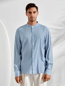 VeloEdit Men's Front Button Stand Collar Striped Print Long Sleeve ShirtFall Winter Old Money - Blue - View 6