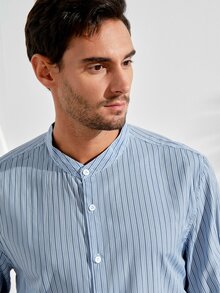 VeloEdit Men's Front Button Stand Collar Striped Print Long Sleeve ShirtFall Winter Old Money - Blue - View 7