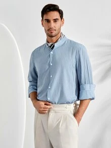VeloEdit Men's Front Button Stand Collar Striped Print Long Sleeve ShirtFall Winter Old Money - Blue - View 2
