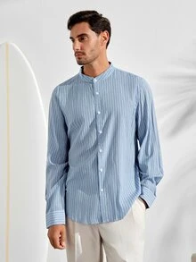 VeloEdit Men's Front Button Stand Collar Striped Print Long Sleeve ShirtFall Winter Old Money - Blue - View 5