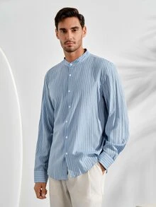 VeloEdit Men's Front Button Stand Collar Striped Print Long Sleeve ShirtFall Winter Old Money - Blue - View 1