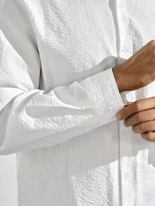 男士純色休閒百搭日常旅行襯衫，正式款秋冬長袖 - Pure White - 查看 8