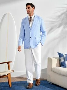 男士條紋休閒輕量寬鬆單排扣商務休閒雙風格西裝外套，正式款秋冬 - 純藍 - 查看 4