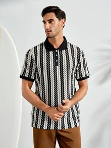 Men's Striped Casual Versatile Resort Style Polo Shirt - Black - View 6