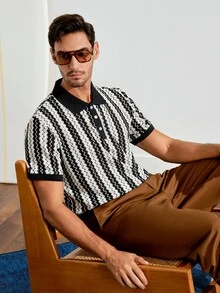 Men's Striped Casual Versatile Resort Style Polo Shirt - Black - View 7