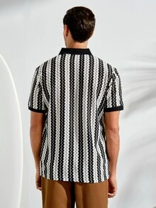 Men's Striped Casual Versatile Resort Style Polo Shirt - Black - View 4