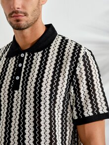 Men's Striped Casual Versatile Resort Style Polo Shirt - Black - View 8