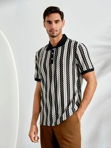 Men's Striped Casual Versatile Resort Style Polo Shirt - Black - View 5