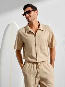 VeloEdit Men's Pocket Front Short Sleeve Shirt And Slanted Pocket Shorts 2pcs/Set , Basic , Linen , Urban , Plain, Men Linen Set, Cozy OutfitsFall Winter - Khaki - View 5