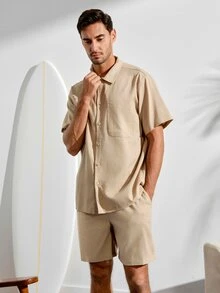VeloEdit Men's Pocket Front Short Sleeve Shirt And Slanted Pocket Shorts 2pcs/Set , Basic , Linen , Urban , Plain, Men Linen Set, Cozy OutfitsFall Winter - Khaki - View 6
