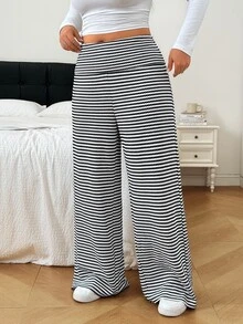 SHEIN EZwear 大尺碼女款摺腰條紋休閒運動長褲 秋季 - 黑與白 - 查看 5