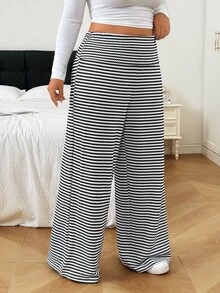 SHEIN EZwear 大尺碼女款摺腰條紋休閒運動長褲 秋季 - 黑與白 - 查看 3