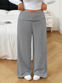 SHEIN EZwear 大尺碼女款摺腰條紋休閒運動長褲 秋季 - 黑與白 - 查看 1