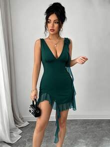 Rafferiza Nuevo vestido mini de primavera/verano para mujer, con diseño de malla y parches, elástico, con estampado floral 3D de unicolor, escote en V profundo, busto fruncido, cintura ceñida, abertura alta con volantes en el bajo, espalda descubierta, elegante y sexy para fiestas, vacaciones y citas - Verde Oscuro - Ver 3