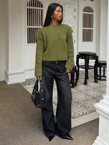 SHEIN BAE Regular Women's Off-Shoulder Pullover Sweater - Green - View 5