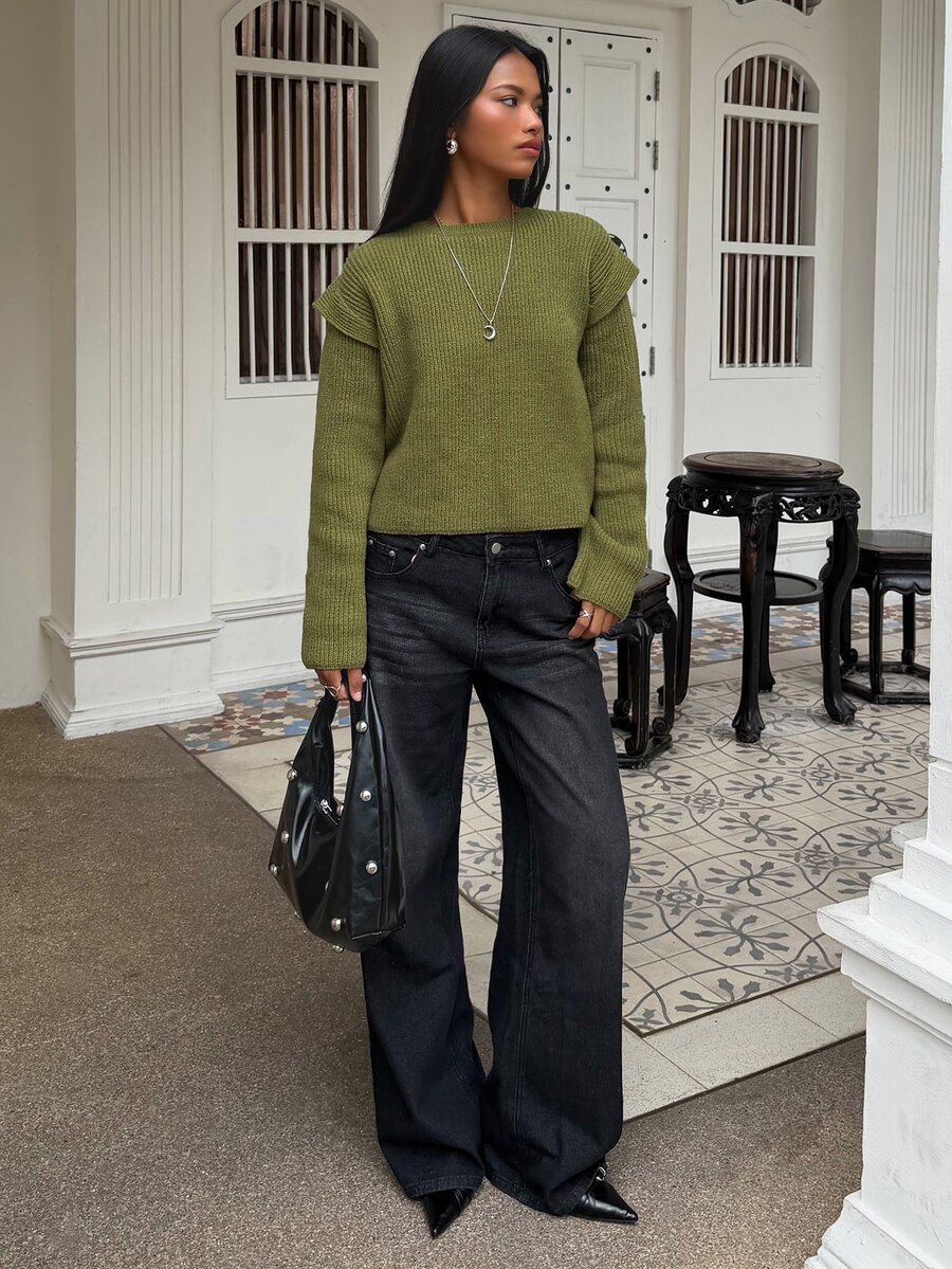 SHEIN BAE Regular Women's Off-Shoulder Pullover Sweater - Green - View 1