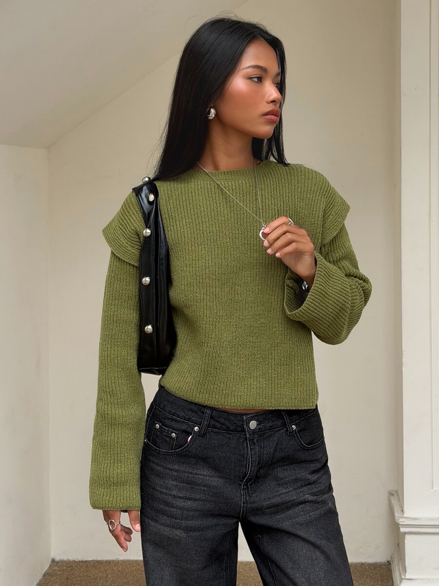 SHEIN BAE Regular Women's Off-Shoulder Pullover Sweater - Green - View 1