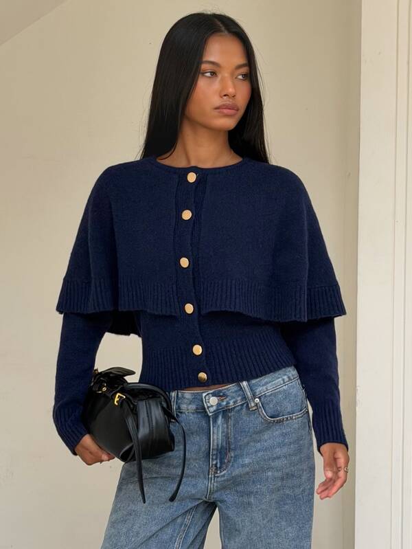 SHEIN BAE Women's Navy Blue Button 2 In 1 Cardigan Teachers' Day Office Autumn Elegant