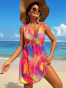 Swim Lushoire Women's V-Neck Tie Waist Elegant Beach Vacation Short Dress & Coverup For Summer - Hot Pink - View 1