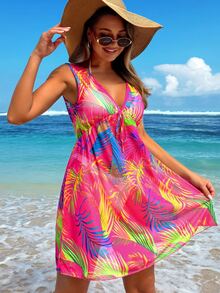 Swim Lushoire Women's V-Neck Tie Waist Elegant Beach Vacation Short Dress & Coverup For Summer - Hot Pink - View 7