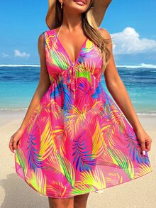 Swim Lushoire Women's V-Neck Tie Waist Elegant Beach Vacation Short Dress & Coverup For Summer - Hot Pink - View 3