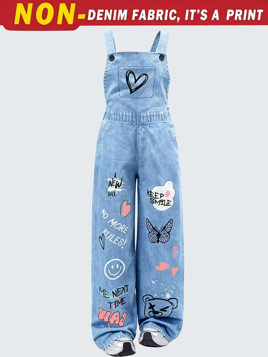 SHEIN Sparklyn 1件淺藍色女童大尺寸吊帶褲，秋季服飾，秋夏 90 年代休閒時尚星星蝴蝶字母印花寬鬆大廓形連身褲