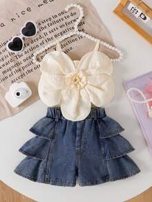 SHEIN Playful Pals 2-Piece Set For Baby Girls Large Flower Suspenders Solid Color Tops Multi-Layered Ruffled Shorts Summer Photoshoot 2nd Birthday White Blue - Apricot - View 4