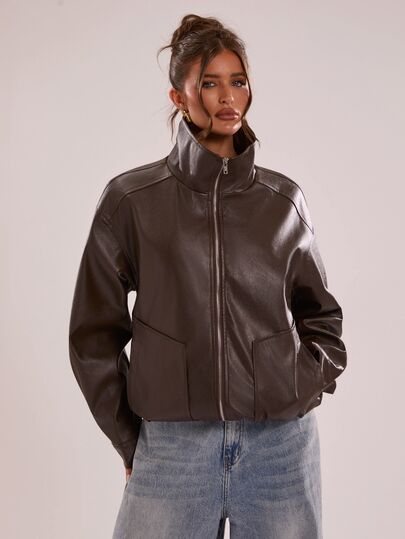 SHEIN BAE جاكيت نسائي من الجلد الصناعي باللون البني الداكن مع ياقة واقفة وسحاب كامل، معطف دراجة نارية قصير، أنيق كاجوال للارتداء اليومي وأسلوب الشارع