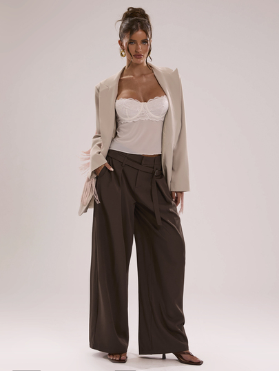 SHEIN BAE BAE Shades Of Brown Wide Leg Dress Pants With Pockets, Loose Fit Suit Trousers For Office Business Casual Weekend Brunch Summer, Versatile