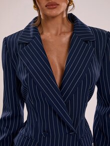 SHEIN BAE 時尚通勤條紋雙排扣西裝外套 - 藏蓝色 - 查看 8