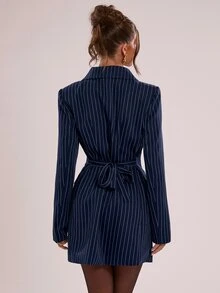 SHEIN BAE 時尚通勤條紋雙排扣西裝外套 - 藏蓝色 - 查看 2