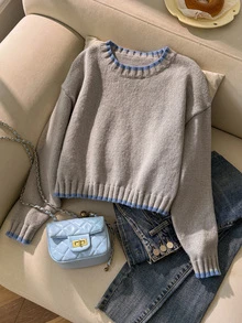 SHEIN Girls' Autumn/Winter Fashion Minimalist Thick Knit Sweater Long Sleeve Top - Light Grey - View 1