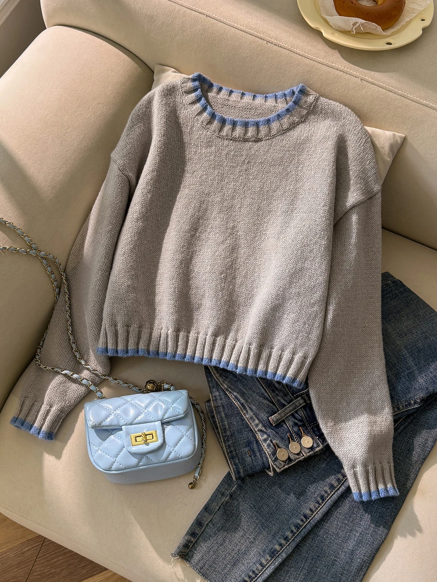 SHEIN Girls' Autumn/Winter Fashion Minimalist Thick Knit Sweater Long Sleeve Top - Light Grey - View 1