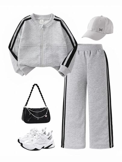 Barns sweatshirtset för vår/höst, grå kropp med svart sidetejpdekor, kontrastfärgad design, klassisk och mångsidig, lämplig för dagligt bruk, hemmet, utflykter och sammankomster, unisex
