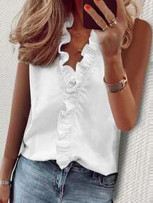 EMERY ROSE Women's Sleeveless Shirt With Frill Hem - White - View 3