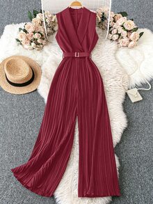 Franclia 纯色披肩领收腰百褶直腿无袖连体裤新年衣服 - 紅色 - 查看 3