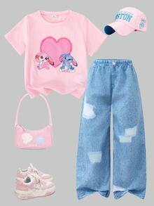 SHEIN 2pcs/Set Girls Knitted White Short Sleeve Top T-Shirt & Sequin Bow Decor Pocket Cargo Pants, Fashionable Summer Outfit - Multicolor - View 1