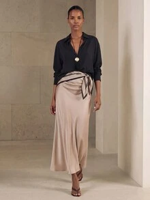 Aveloria Modichic 褶裥缎面半身裙，女士优雅褶皱设计，拉链长款常规版型，自然米色纯色女裙，春夏款，职业/商务/工作服 - 米色 - 查看 8