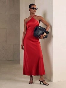 Aveloria Modichic Vestido de fiesta formal con cuello halter sin espalda y tirantes con lazo para vacaciones, cumpleaños y ocasiones especiales - Rojo - Ver 4