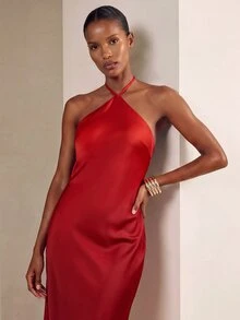 Aveloria Modichic Vestido de fiesta formal con cuello halter sin espalda y tirantes con lazo para vacaciones, cumpleaños y ocasiones especiales - Rojo - Ver 6