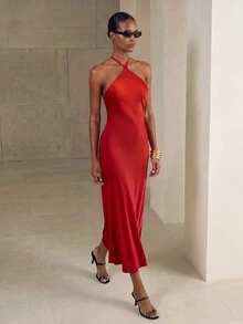Aveloria Modichic Vestido de fiesta formal con cuello halter sin espalda y tirantes con lazo para vacaciones, cumpleaños y ocasiones especiales - Rojo - Ver 5