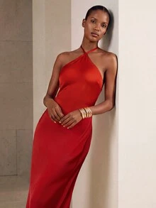 Aveloria Modichic Vestido de fiesta formal con cuello halter sin espalda y tirantes con lazo para vacaciones, cumpleaños y ocasiones especiales - Rojo - Ver 7