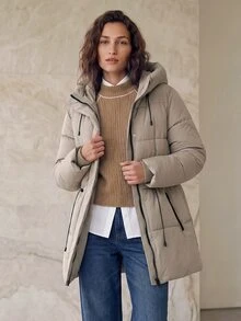 Aveloria Modichic Fashionable Casual Adjustable Waist Quilted Mid-Length Hooded Padded Padded Coat Clothes Winter For Women  Fall Cloth For Women - Khaki - View 1